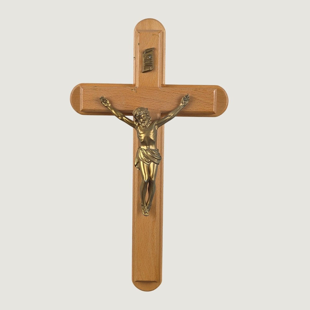Vintage Sick Call Set Wooden Crucifix Gold Corpus Hidden Compartment 13 Inch